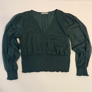 Abercrombie & Fitch Green Black Polka Dots Peasant Sleeve Smocked V-neck Top XL